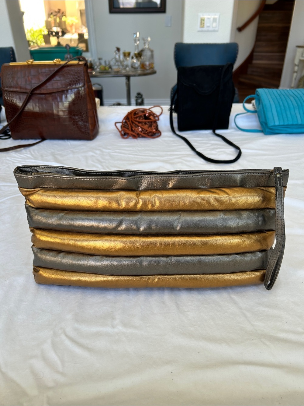Karen - Vintage 1980s Metallic Gold and Gunmetal Padded Wristlet Clutch